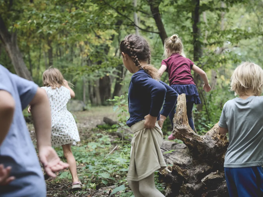 Southbridge students exploring the woods together on a nature walk