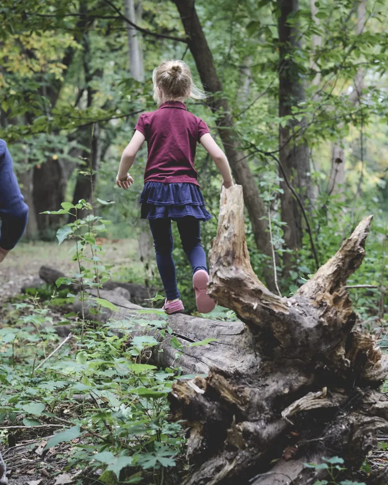 Two students balancing along a fallen log in the woods