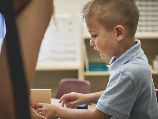 A young student concentrating on a hands-on lesson with wooden blocks