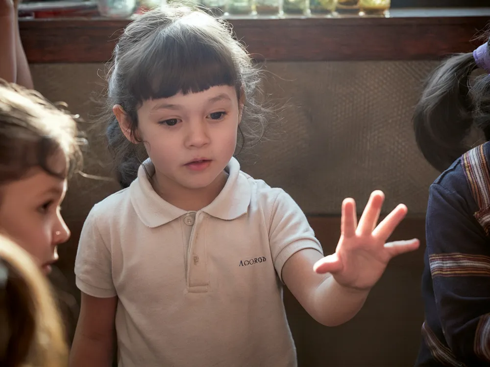 Students raising their hands in a warm, light-filled classroom